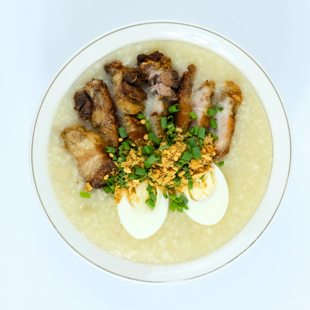 Lugaw with Lechon Kawali and Boiled Egg